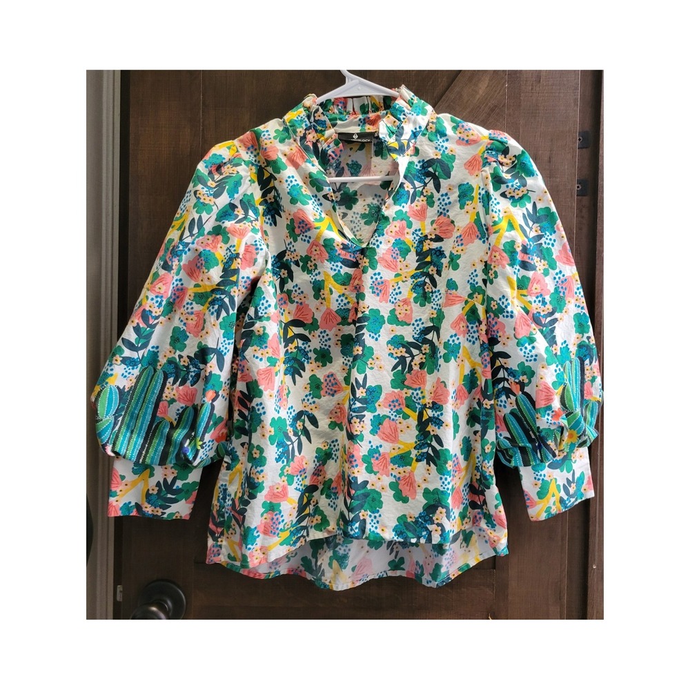 Emily Lovelock Floral Cactus Print Puff Sleeve Ruffle Neck Blouse XS US 2-4 - Picture 1 of 13